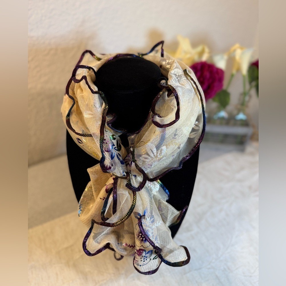Cream Iridescent Floral Mesh Scarf‎ - Ruffled Lettuce Edge Sheer Shimmer 66x17